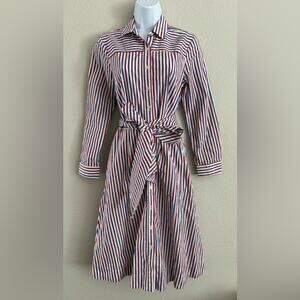 J. Crew Striped Long Sleeve Shirt Dress Belted Sz 0 Preppy Coastal Nautical